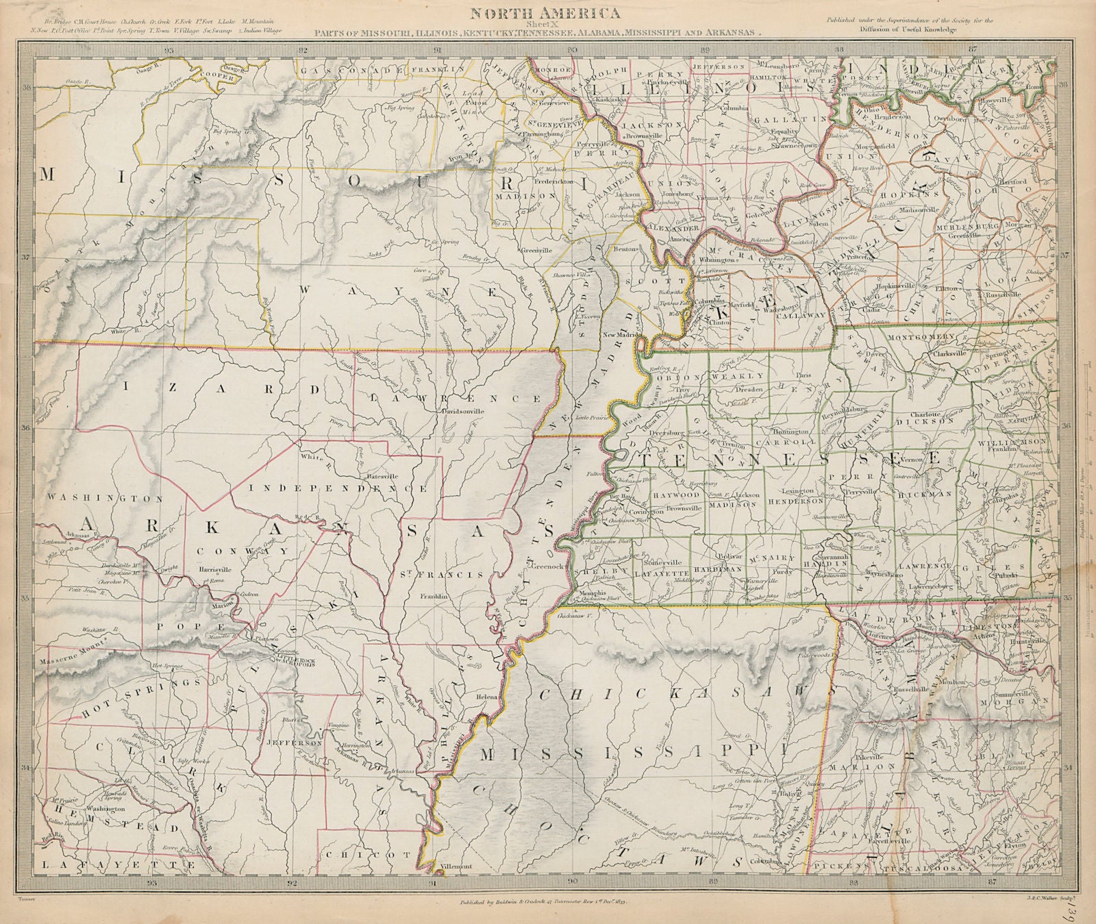 Mississippi basin. Arkansas Missouri. Choctaw Chickasaw boundaries SDUK 1844 map